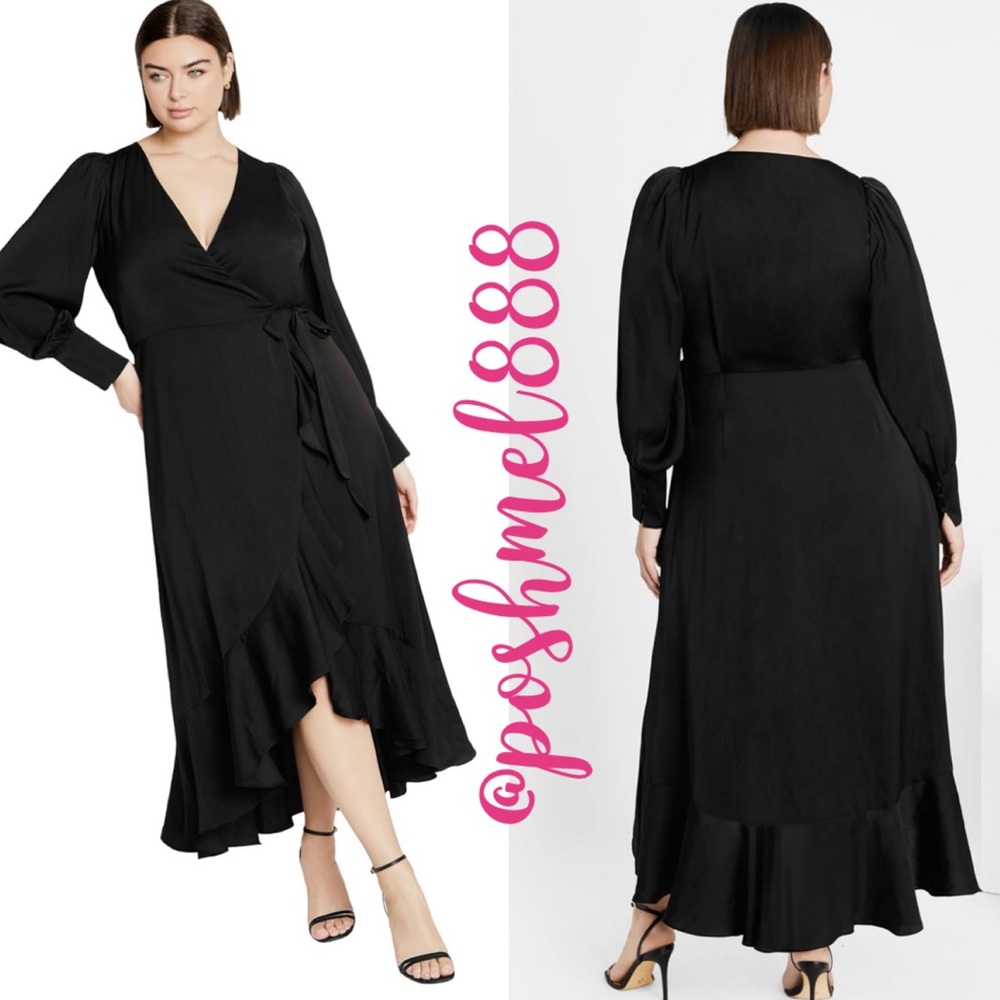 Elegant Black Matte Satin Flowing Ruffle Hem Balloon Sleeve True Wrap Dress - Picture 8 of 8